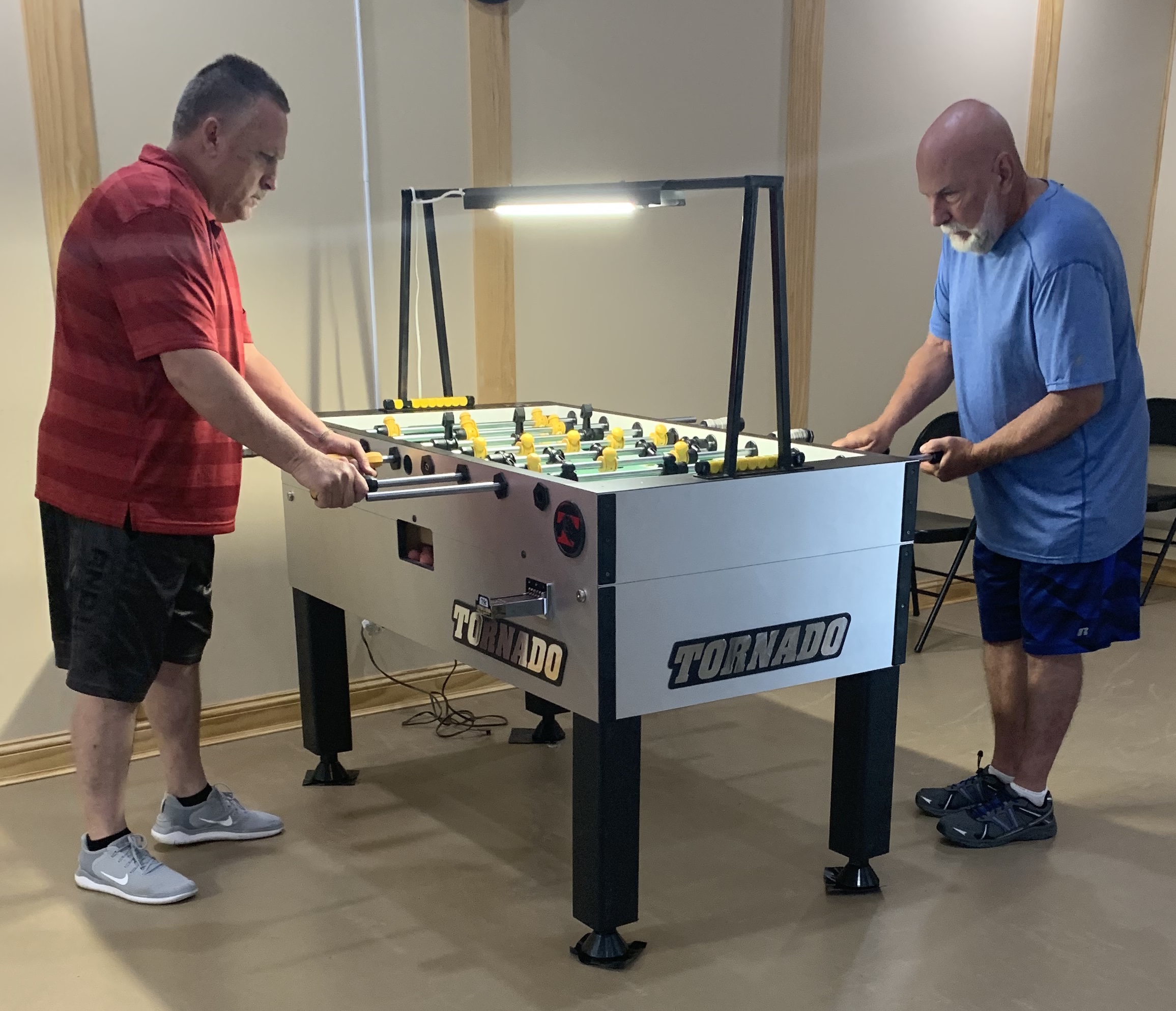 Shown still playing foosball at their young ages 60 and 67 are Jerry Stewart of Dora,AL and Mike Dickey of Huntsville,AL..
