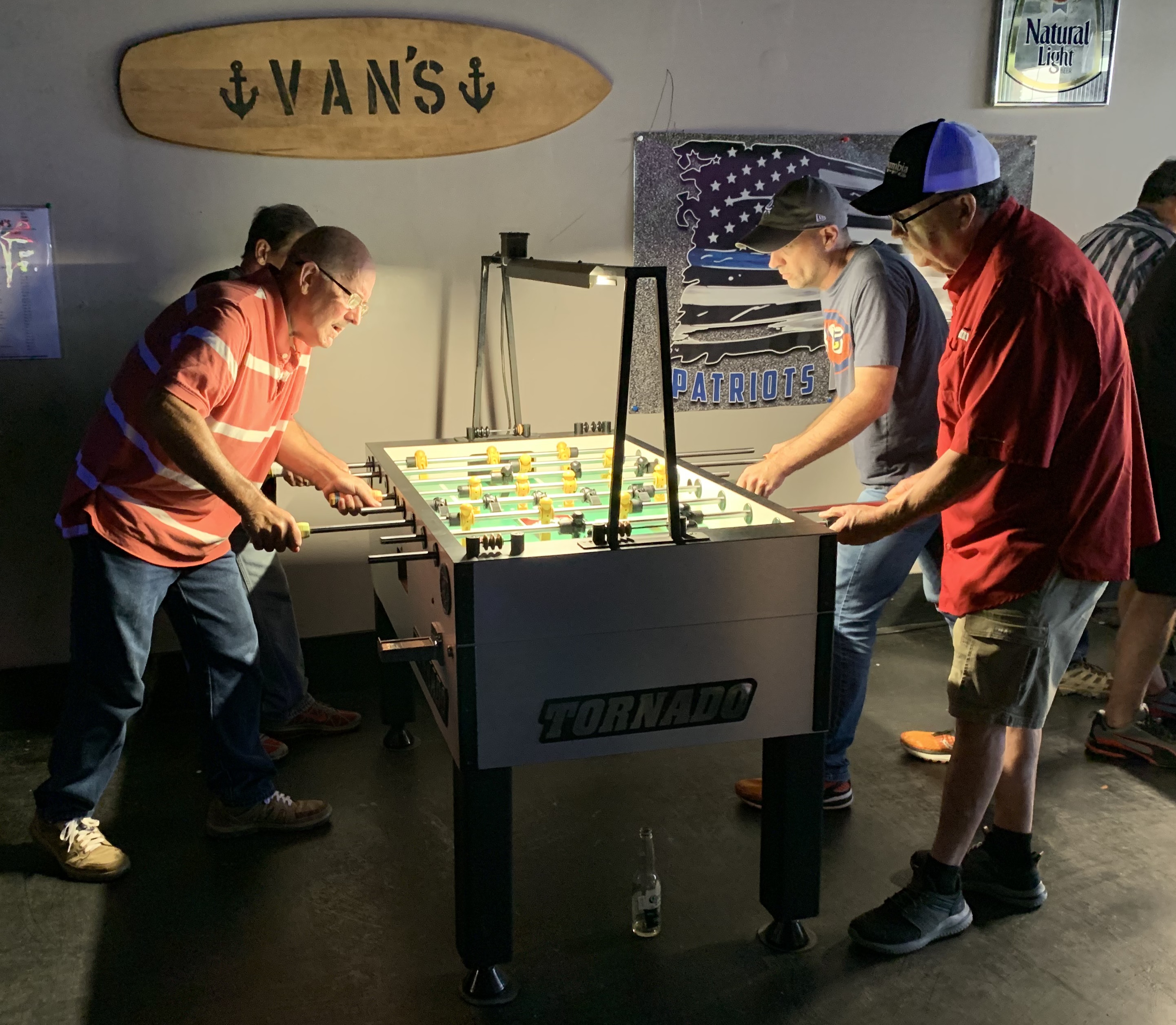 Open DYP foosball action at Van's Bar in Leeds,AL. with Tony Orr shown on the left competing in a match vs Jon Martin & Terry Lamb.