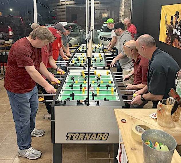 shown from the left, then right, goin down the line is Dale Moore, Danny Arthur, Mickey Dunn, Randy Strickland, and Rodney Jenkins, David Bagwell, Randy Raposo, Nick Peterson. Holding up the cornerstone there is Jeremy Monroe, all shown competing in Foos-Friday Spot'DYP action held in Cullman,AL.