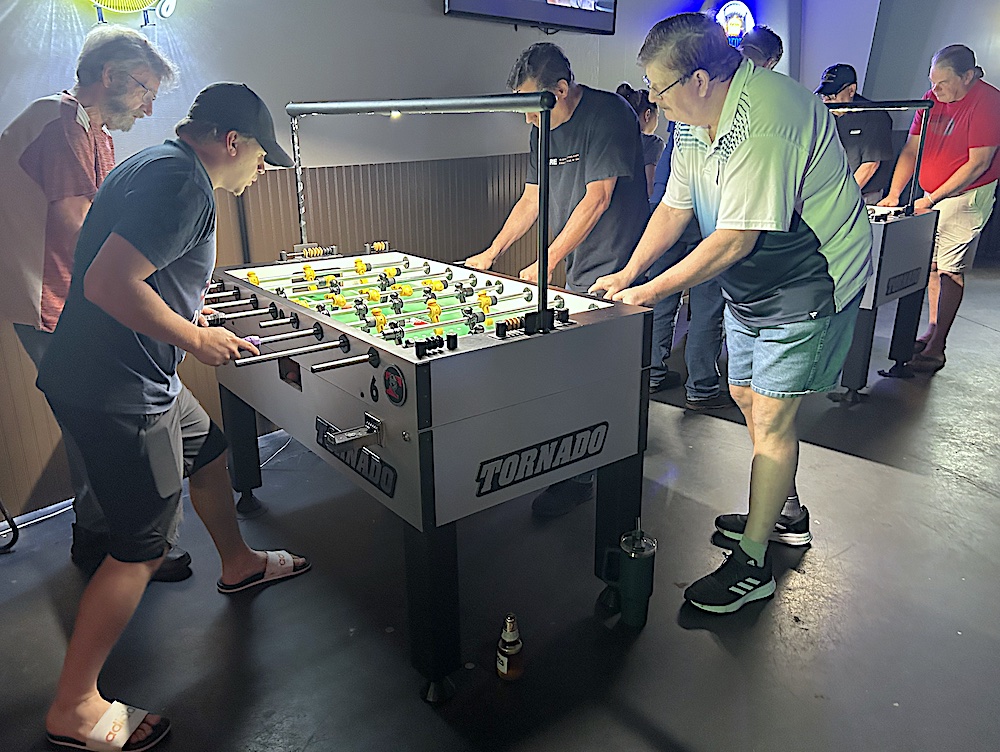 Players participating during the weekly DYP foosball action on this May 18th 2023 in Madison,AL include Steve Hussey & Stephen Darby vs James Porter & Robert Owen.